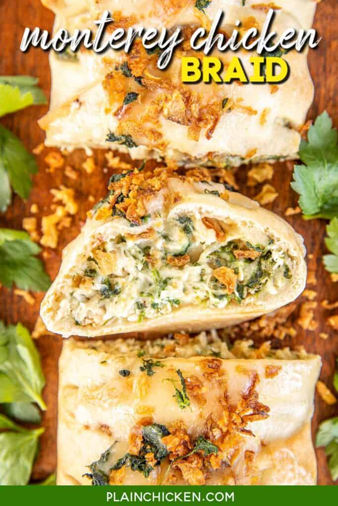 cross section of cheesy chicken and spinach braid with text overlay