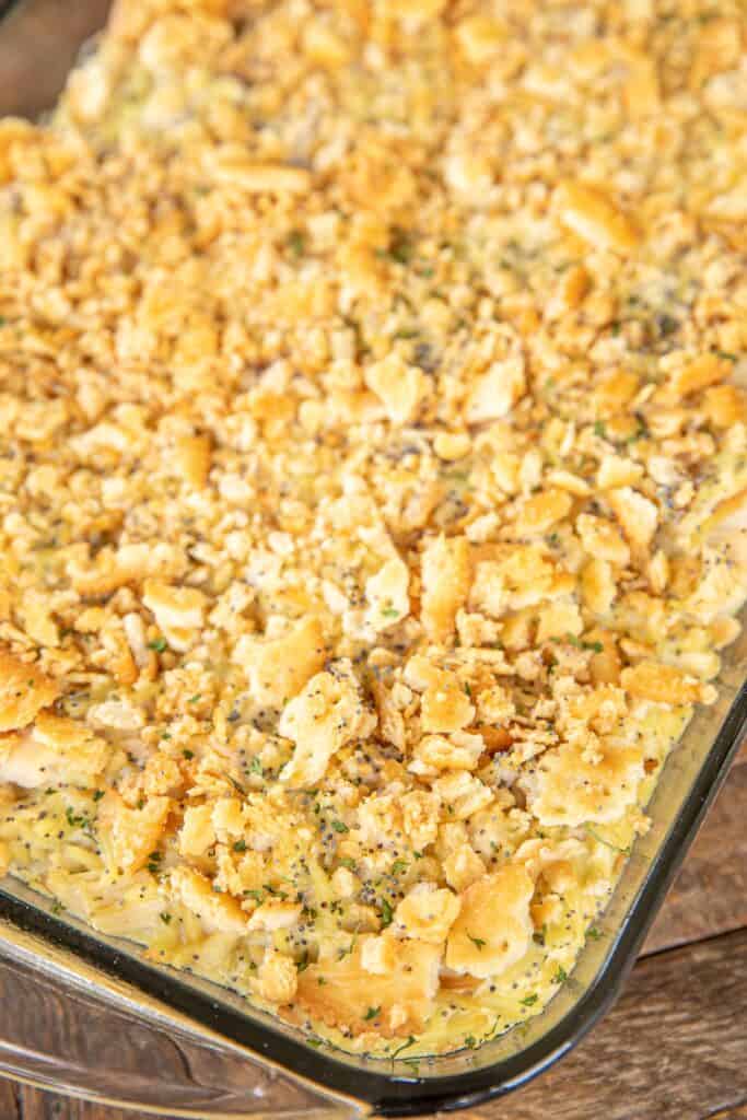 poppy seed chicken rice-a-roni casserole in baking dish