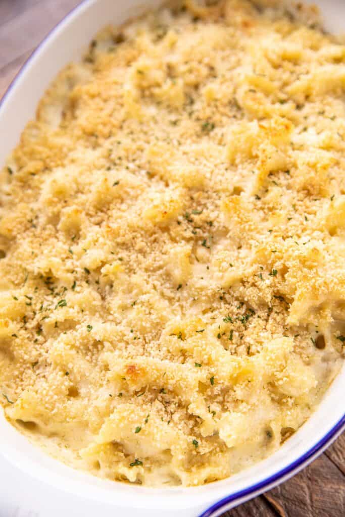 baking dish of steakhouse mac and cheese