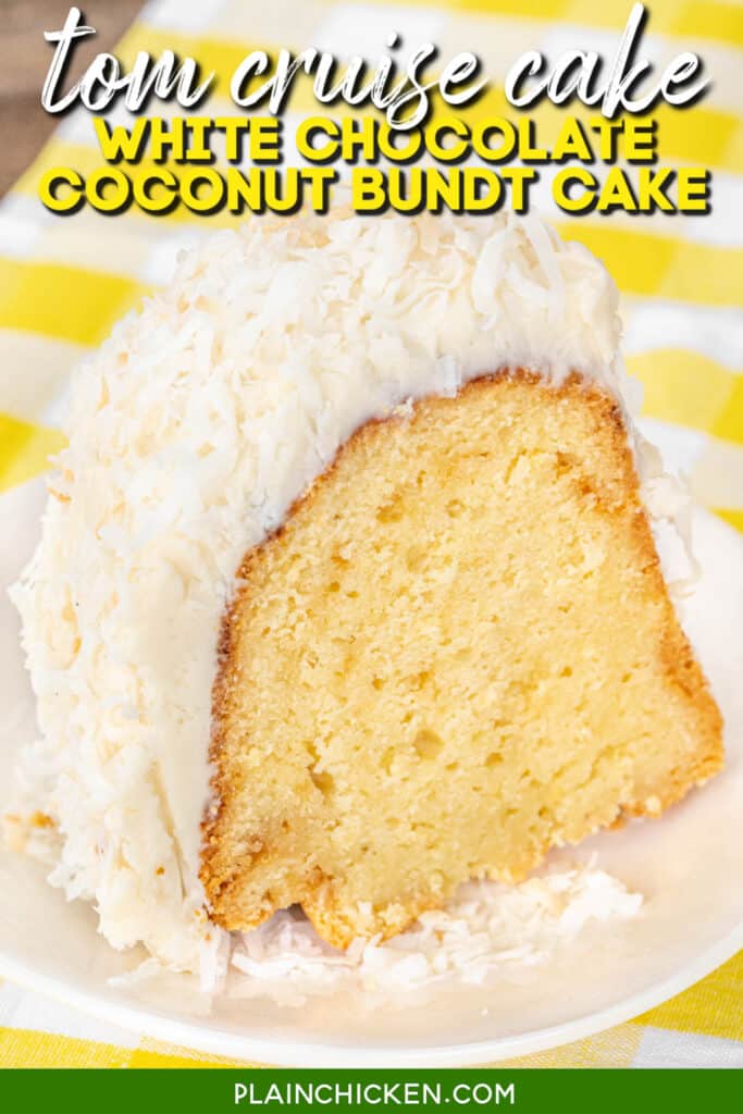 slice of coconut cake on a plate with text overlay