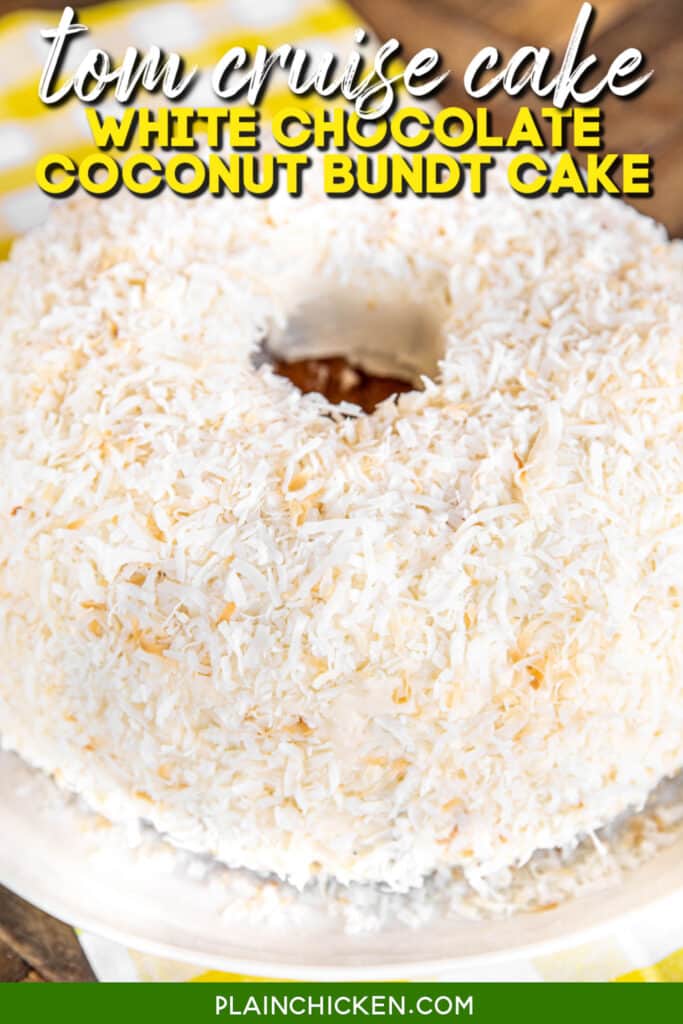 coconut cake on a cake platter with text overaly