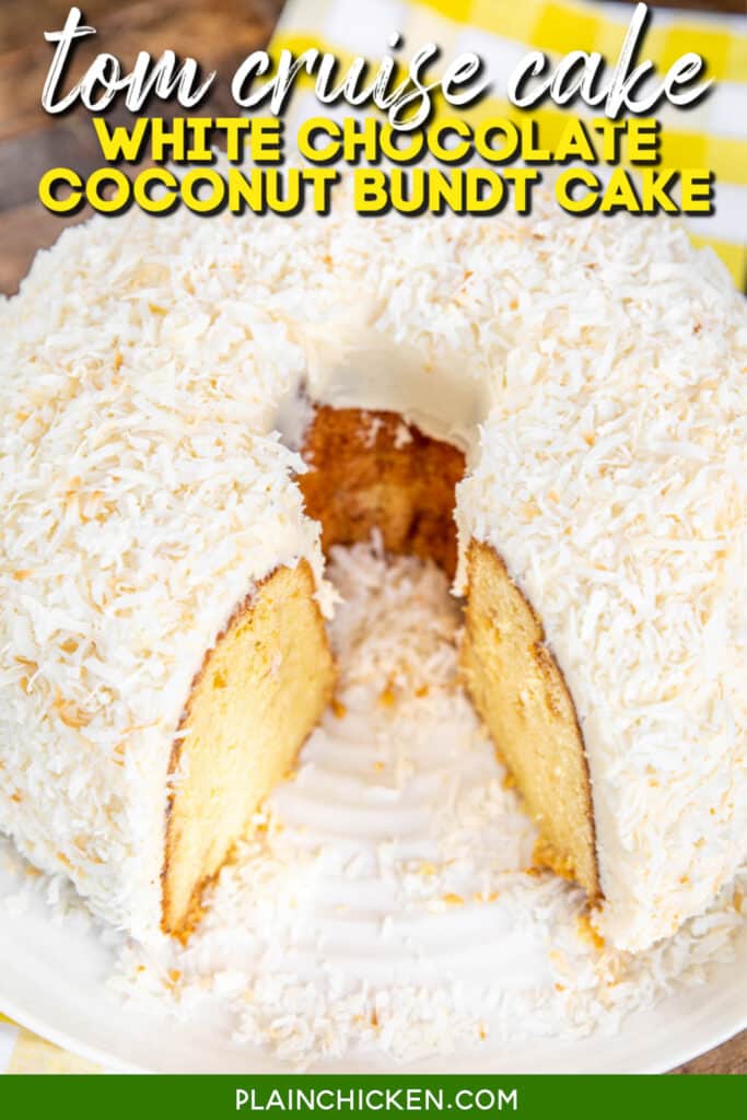 sliced coconut cake on a plate with text overaly
