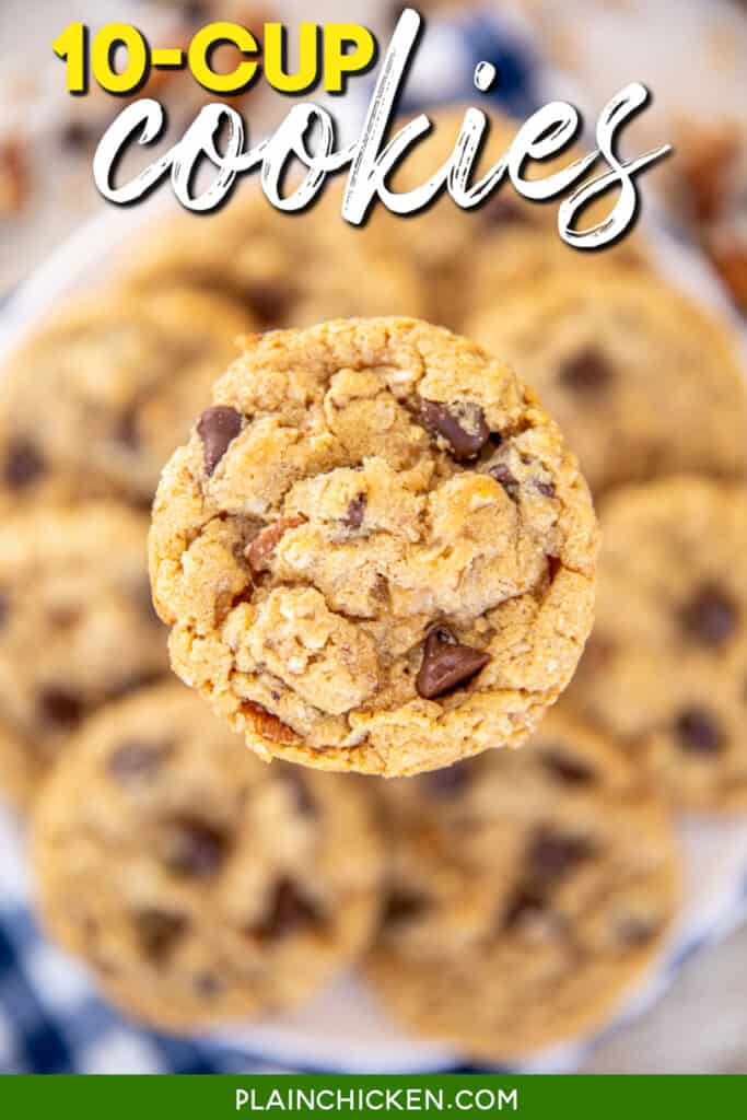 close up of a chocolate chip cookie with text overlay