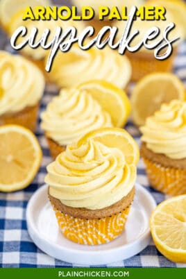 lemon cupcake on a plate with text overlay