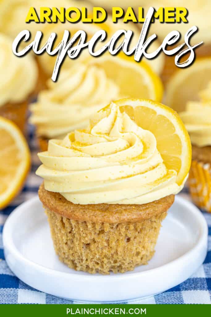lemon cupcake on a plate with text overlay
