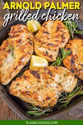 grilled chicken in a grill pan with text overlay