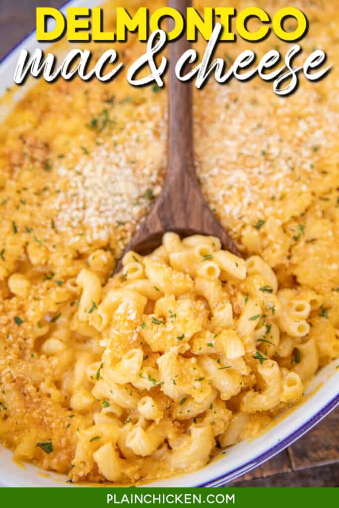 scooping mac & cheese from baking dish with text overlay
