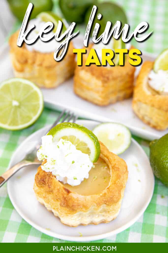 key lime puff pastry tart on a plate with text overlay