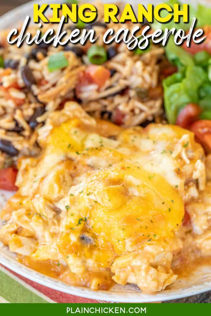 plate of king ranch chicken casserole with text overlay