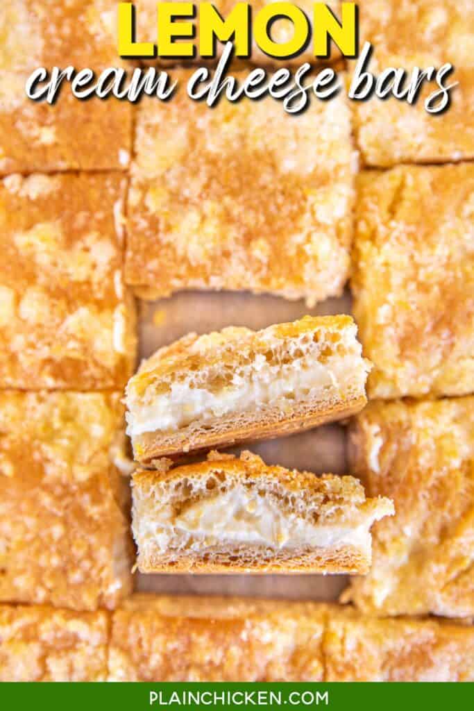 cream cheese crescent bars on a platter with text overlay