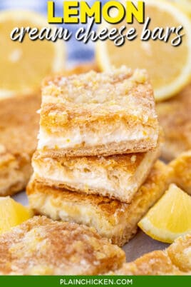 stack of lemon cream cheese bars with text overlay