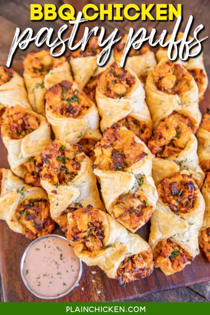 platter of bbq chicken pastry puffs with text overlay