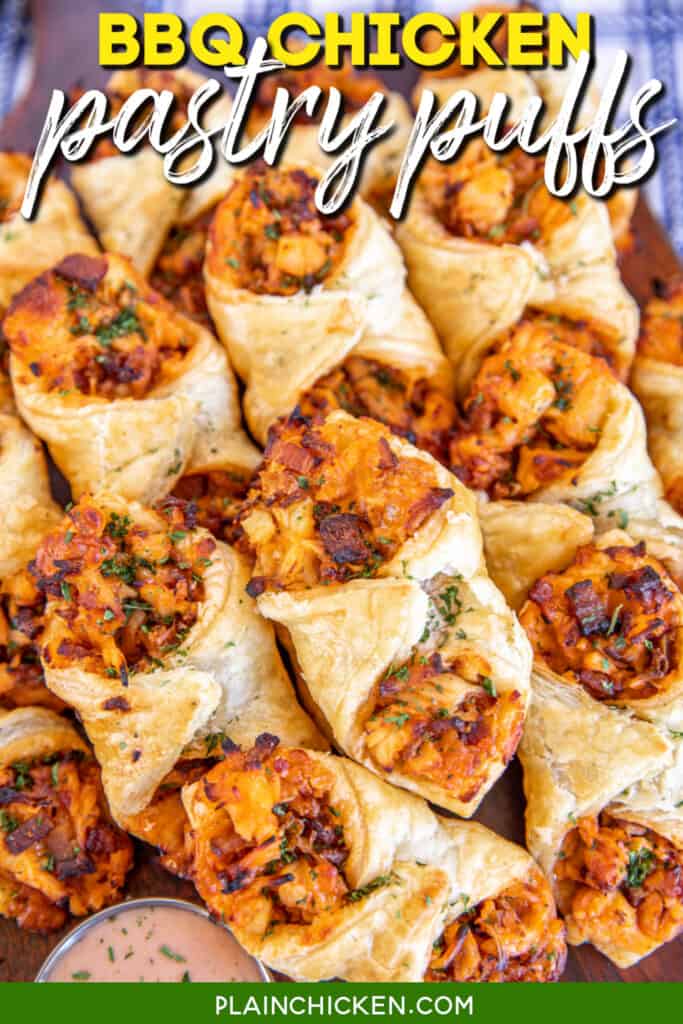 platter of bbq chicken pastry puffs with text overlay