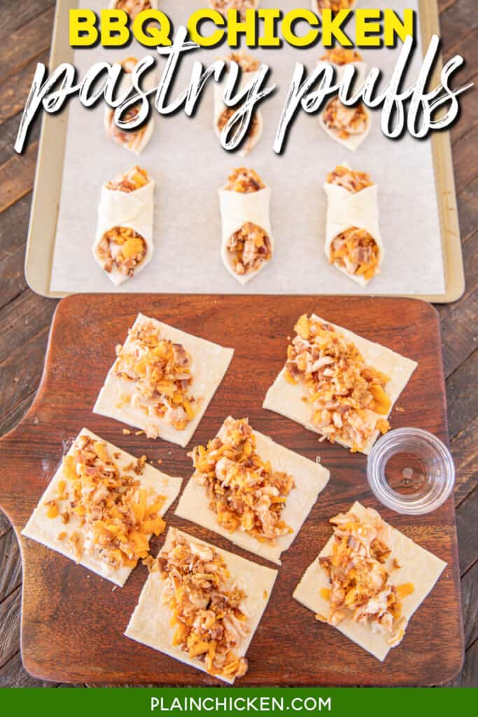 assembling chicken puff pastry bites with text overlay