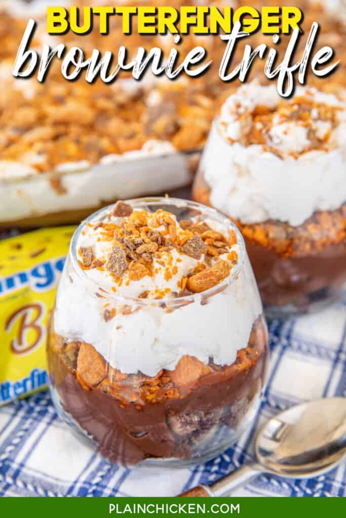 2 butterfinger brownie trifles with text overlay