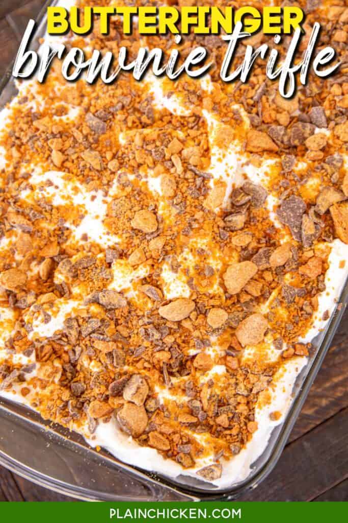 baking dish of butterfinger trifle dessert with text overlay