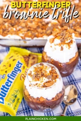 2 butterfinger brownie trifles with text overlay