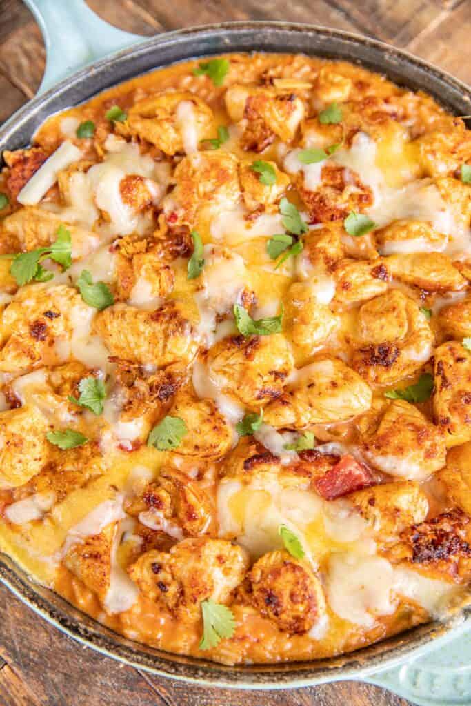 skillet of cheesy chicken and rice