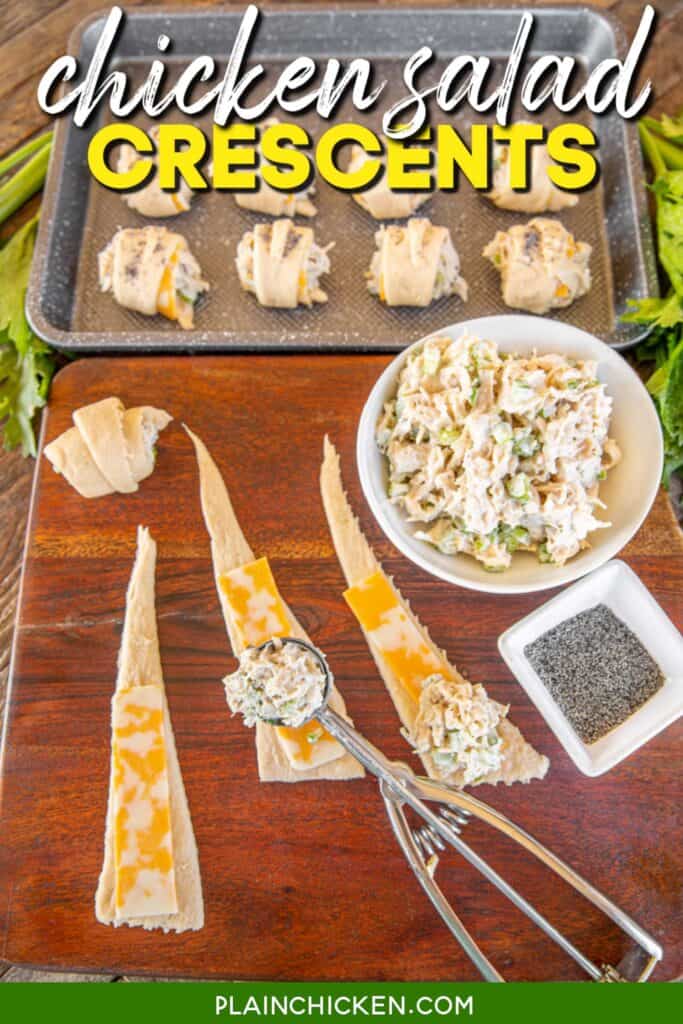 assembling chicken salad crescent rolls with text overlay
