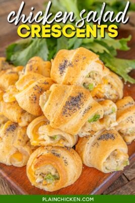 plate of chicken salad crescent rolls wit text overlay