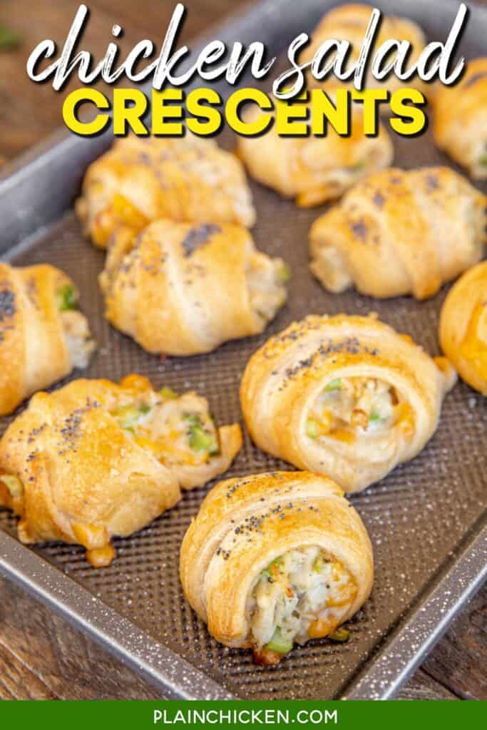 chicken salad crescent rolls on a baking sheet with text overlay
