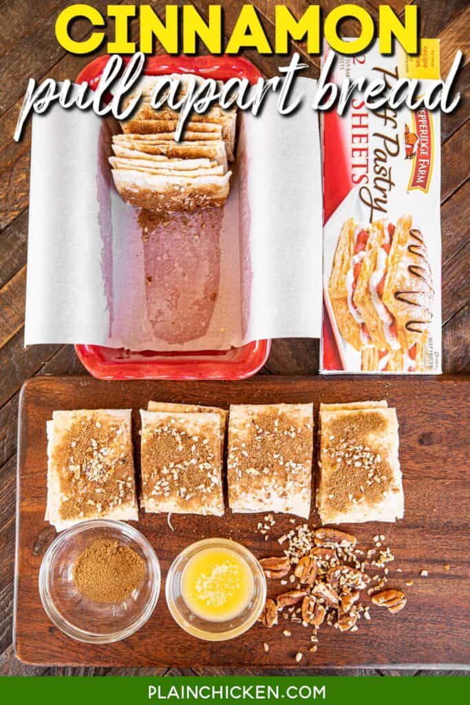 assembling cinnamon puff pastry bread with text overlay
