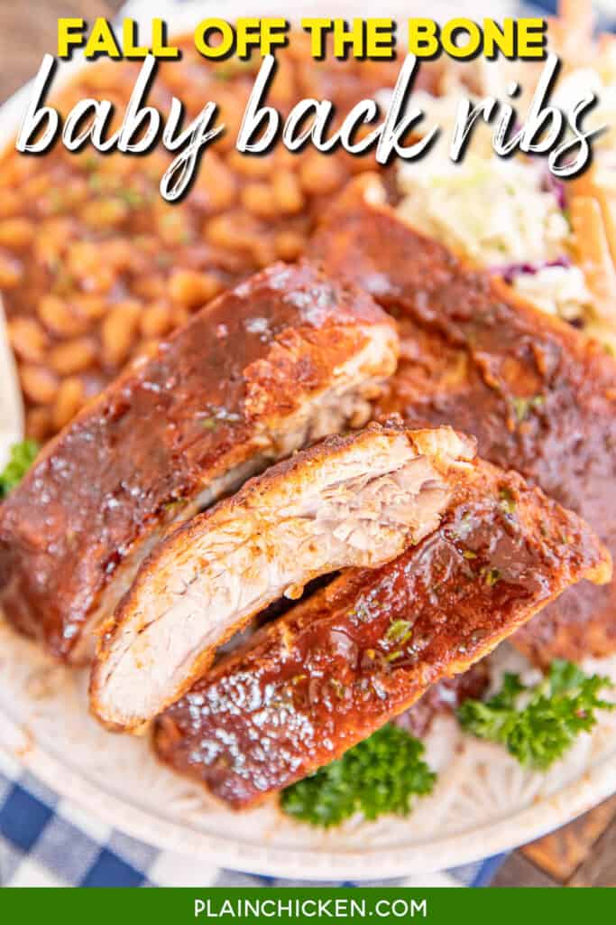 plate of baby back ribs with text overlay