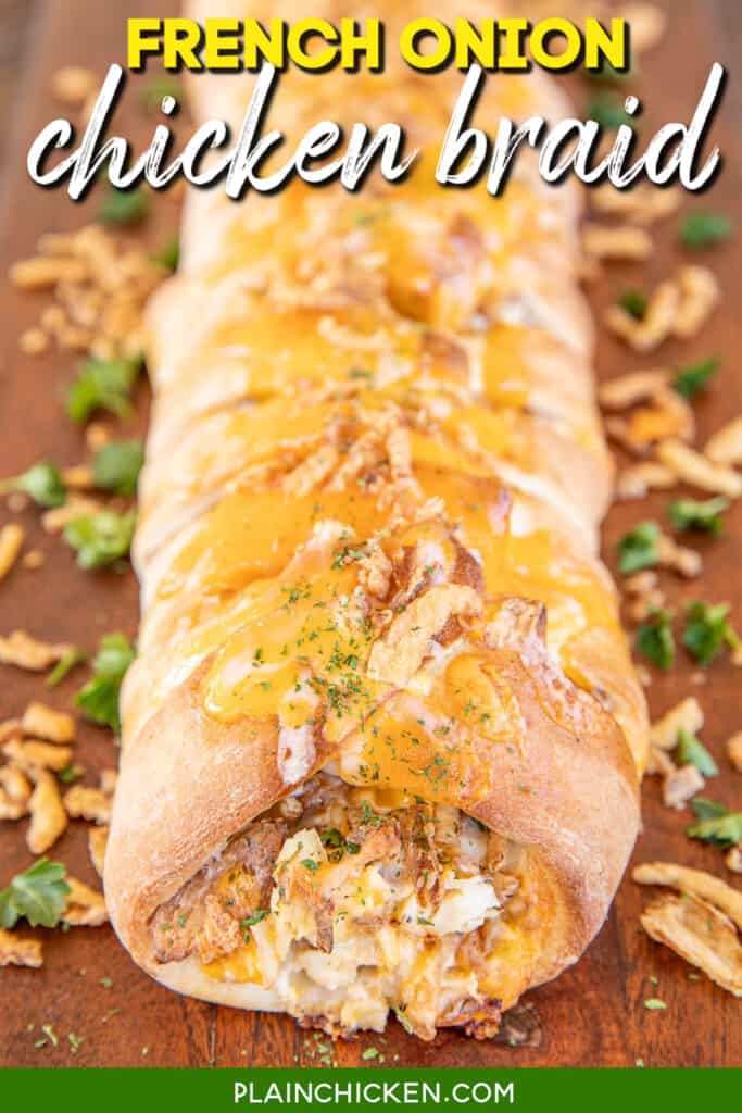 baked chicken braid with text overlay