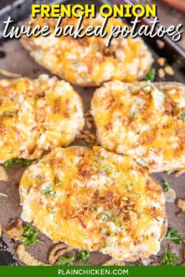 twice baked potatoes on baking sheet with text overlay