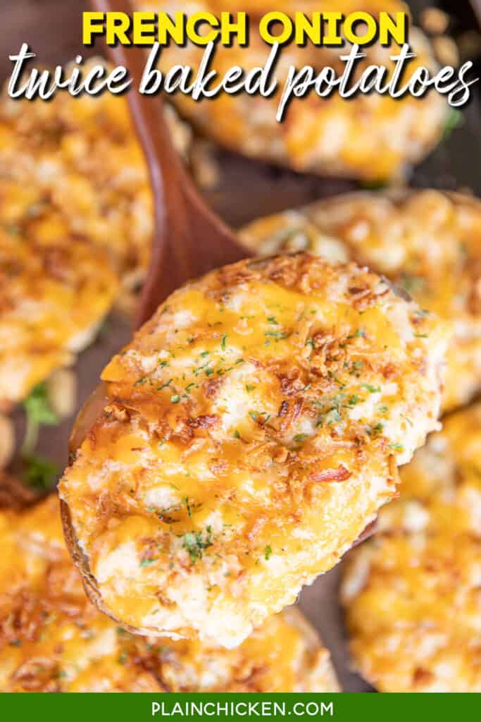 twice baked potatoes on spatula with text overlay