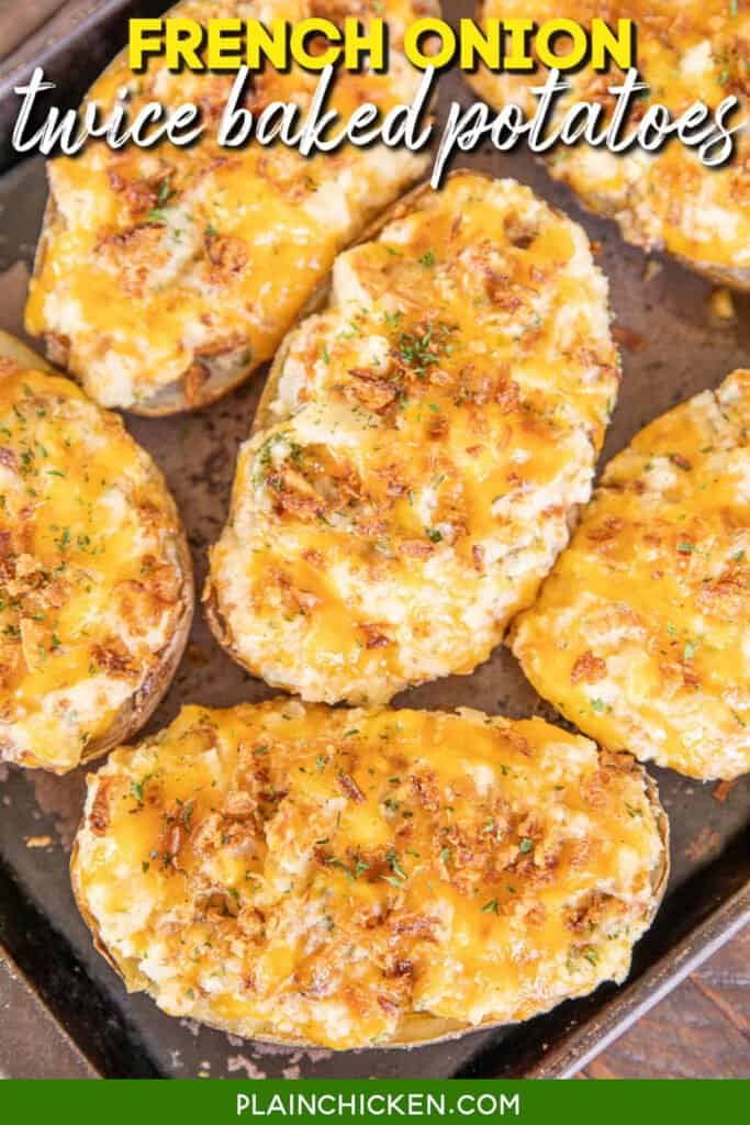 twice baked potatoes on baking sheet with text overlay