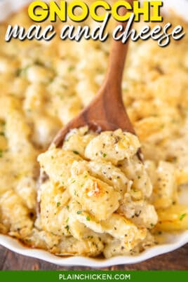 scooping gnocchi mac and cheese from baking dish with text overlay