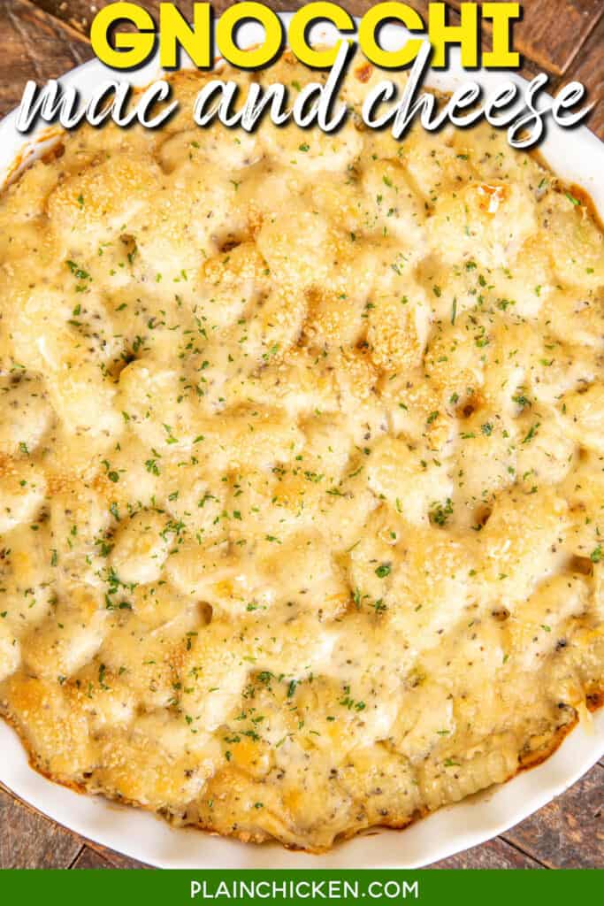 gnocchi mac and cheese in baking dish with text overlay