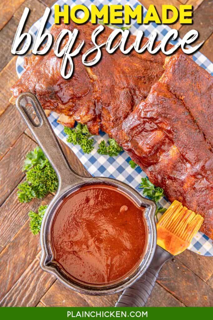 saucepan of bbq sauce with ribs and text overlay