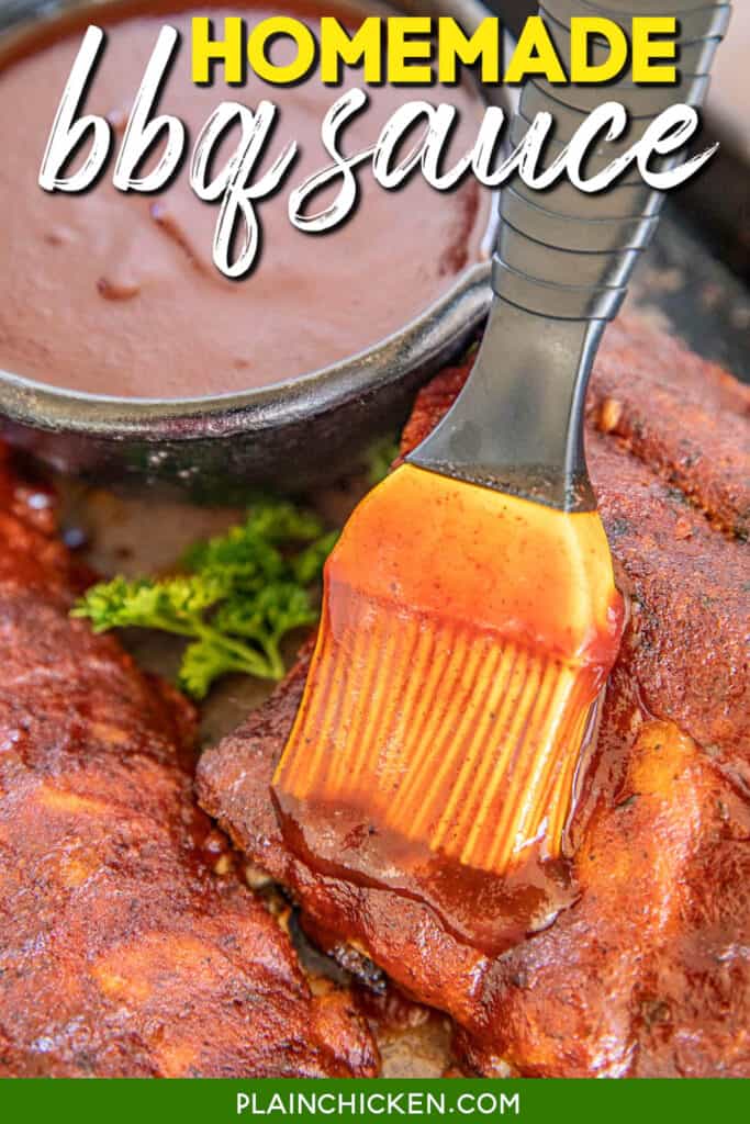 brushing bbq sauce on ribs with text overlay