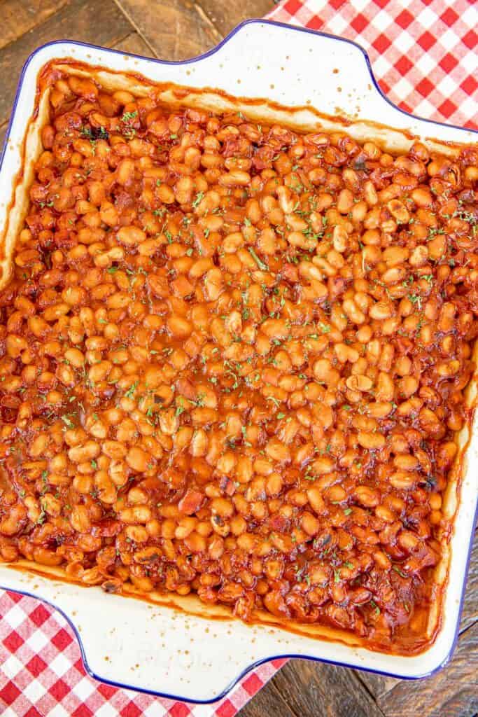 baking dish of baked beans