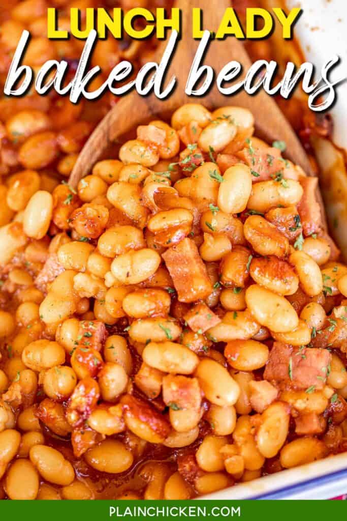 scooping baked beans from baking dish with text overlay