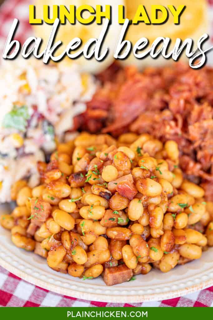 plate of baked beans with text overlay