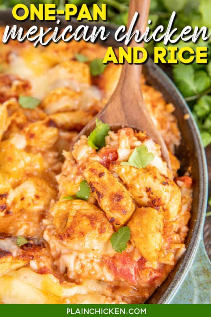 scooping mexican chicken casserole from skillet with text overlay