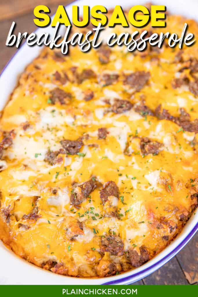 breakfast casserole in baking dish with text overlay