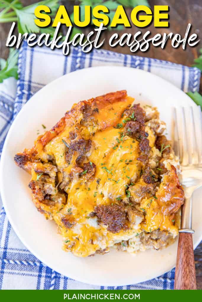 slice of breakfast casserole on plate with text overlay