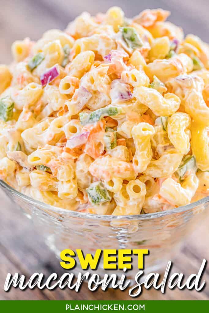 bowl of macaroni salad with text overlay
