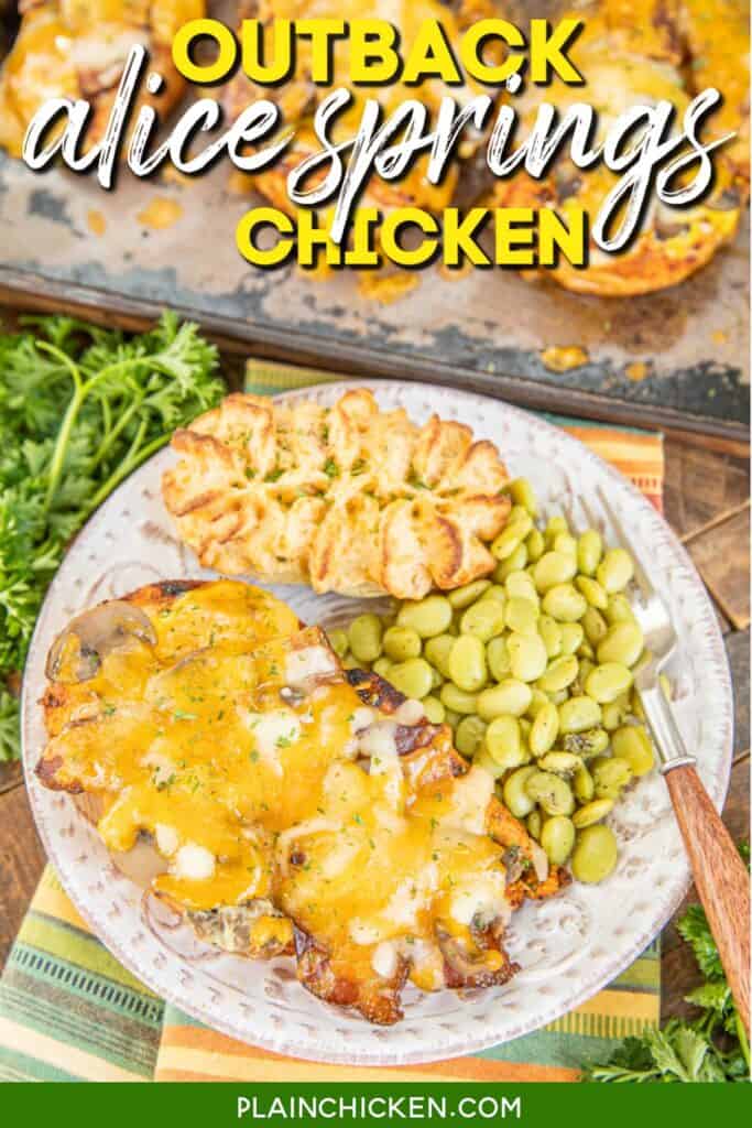 plate of cheesy chicken with text overlay