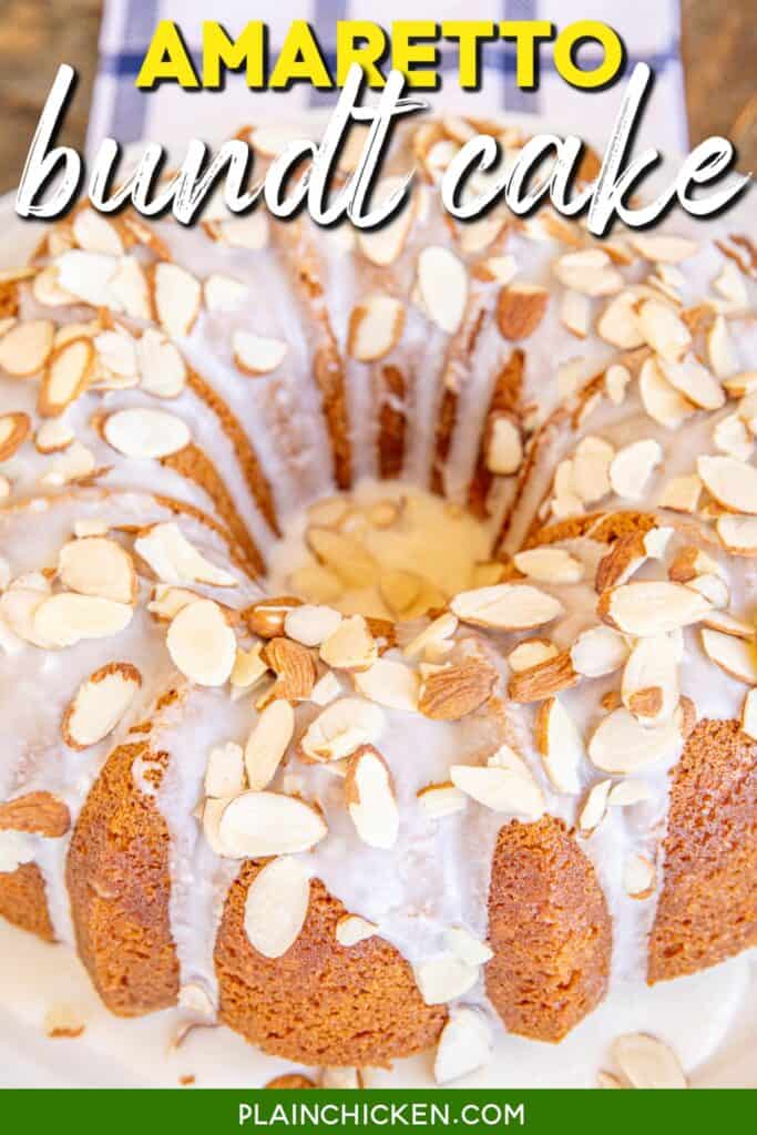 almond bundt cake with text overlay