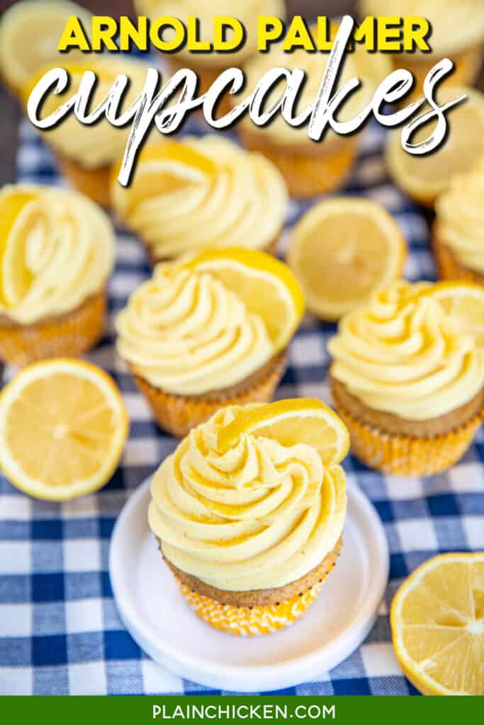 lemon cupcakes on table with text overlay
