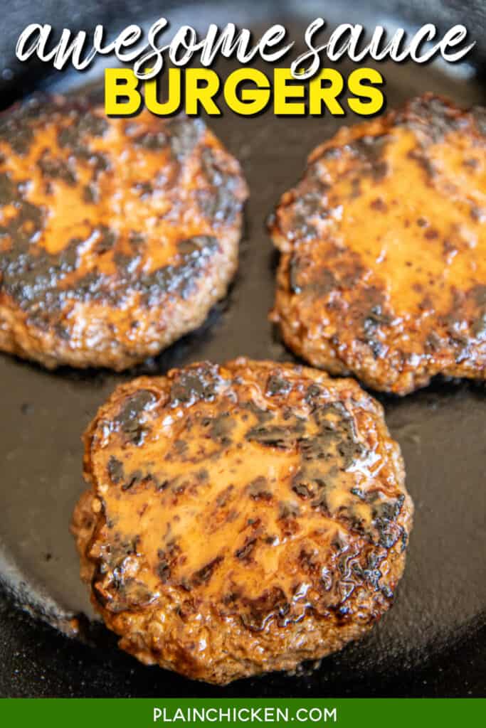 burgers in a cast iron skillet with text overlay