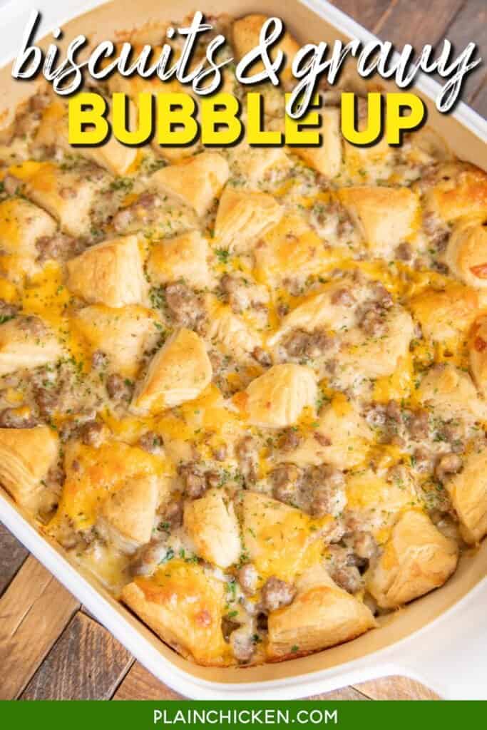 baking dish of biscuits and gravy casserole with text overlay