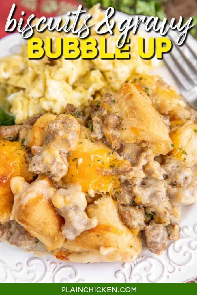 plate of biscuits and gravy casserole with text overlay