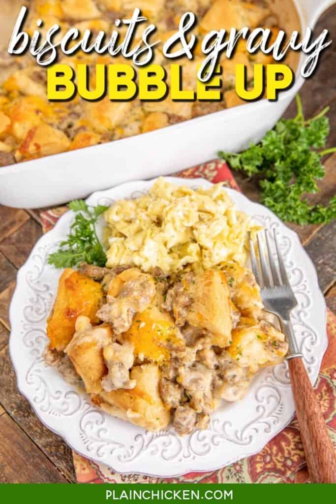 plate of biscuits and gravy casserole with text overlay