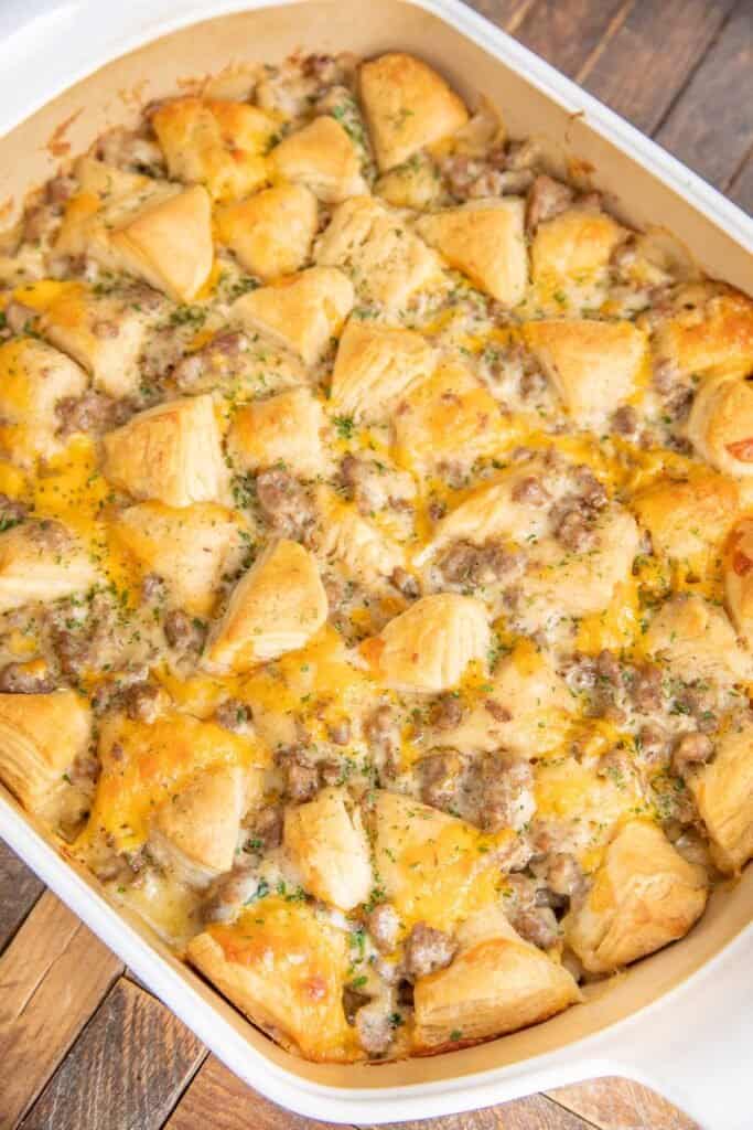 baking dish of biscuits and gravy casserole